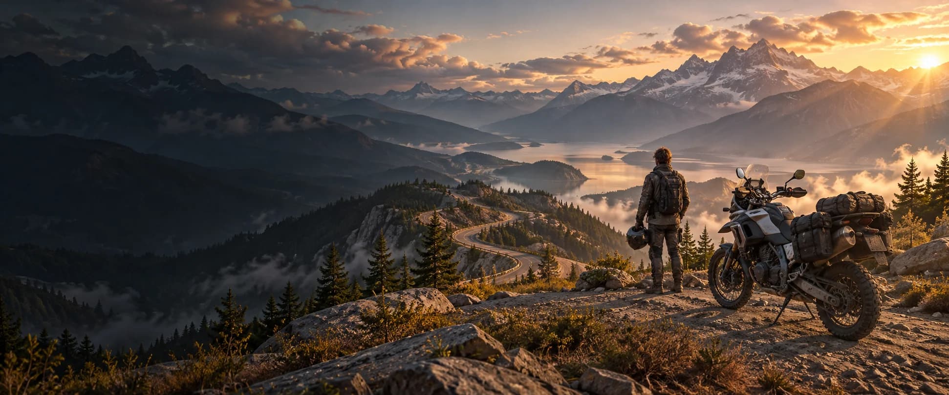 Adventure motorcyclist overlooking a winding mountain road and lake at sunset