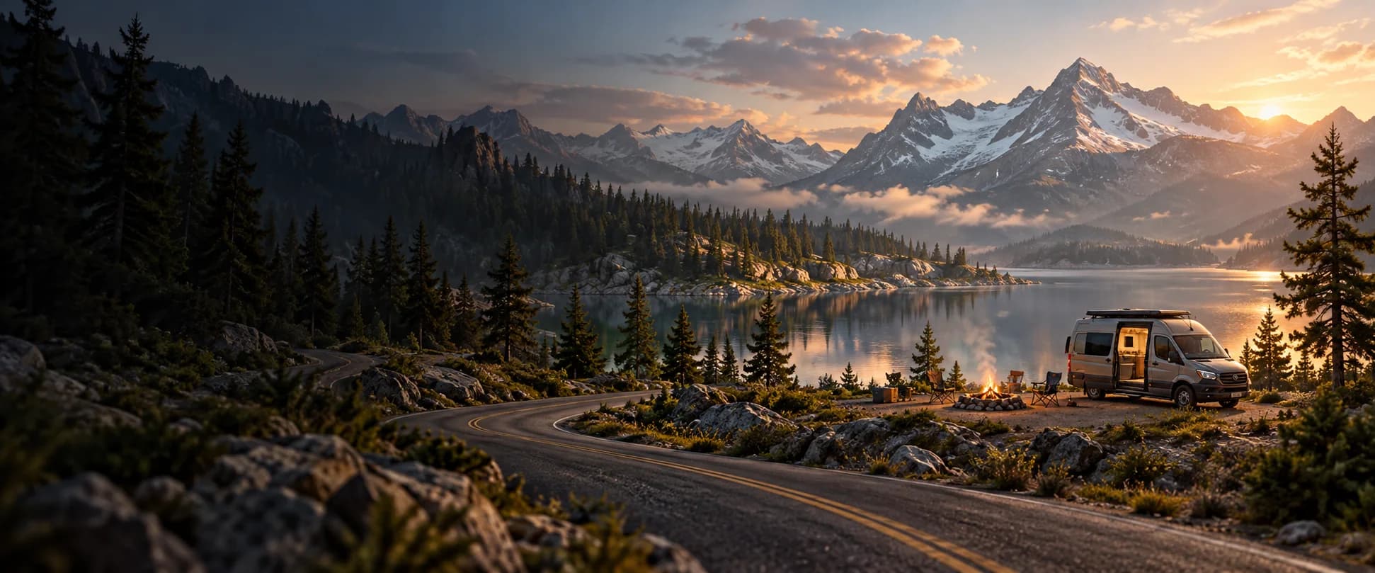 RV on a scenic mountain road at sunset