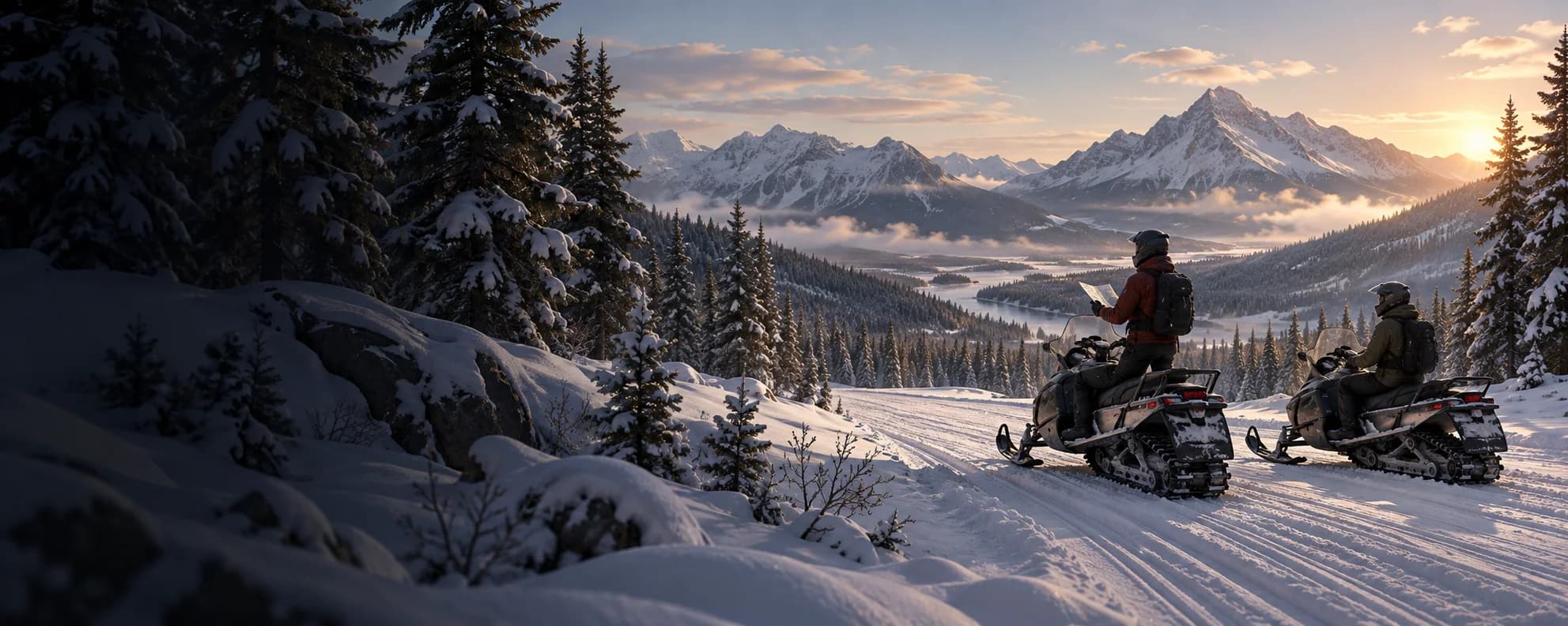 Two snowmobilers on a winter trail consulting a map above a mountain valley