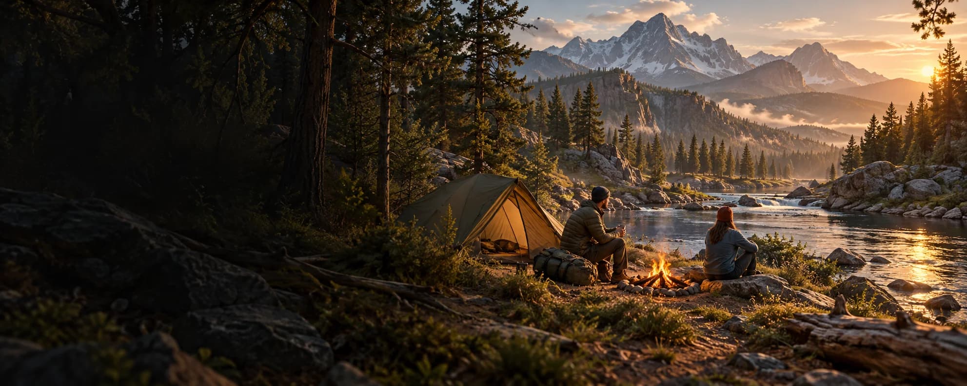 Two campers by a tent and campfire beside a mountain river at sunset