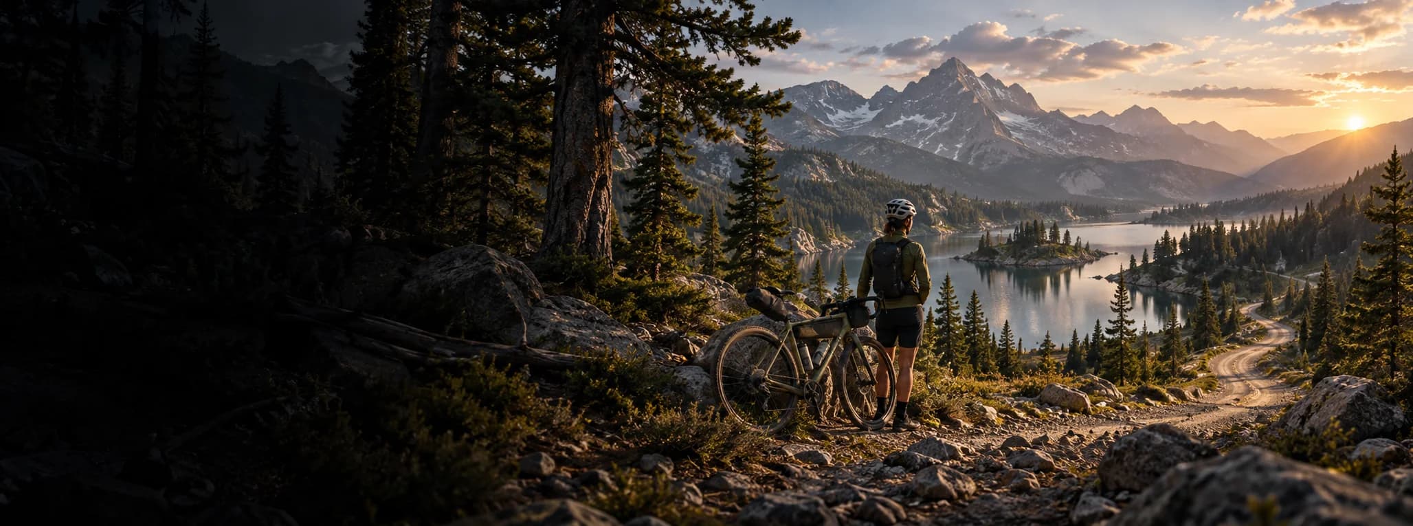 Bikepacker with a gravel bike on a mountain trail overlooking an alpine lake